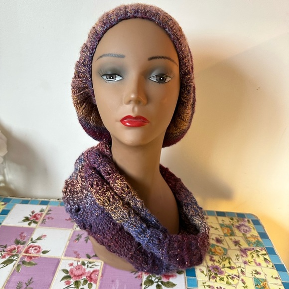 Artisan Boho Purple Ombré Gold Metallic Knit Multicolor Knit Hat and Scarf Set - Picture 7 of 9